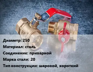 Кран металлический 250 сталь приварной Сталь: 20 шаровой, короткий